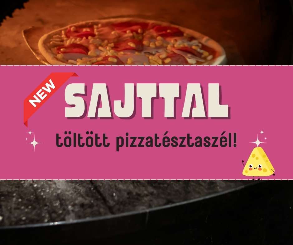 sajttal töltött pizzatésztaszél popup, a háttérben a Jola Bistro kemencés pizzája sül a kemencében.